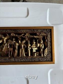 Panel High Relief Wood Carved Golden Characters Palace Temple China Xixè 16L