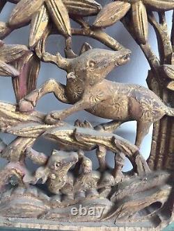 Panneau bois sculpté Chine XIXème Décors de cerfs Chinese carved wood panel