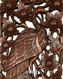 Peacock Animal Carved wood wall art panels Home Decor. Brown Extra Thick Set of 2