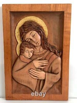 Peruvian Carved Wood Panel of Virgin Mary & Baby Jesus By Ramirez Montalvo