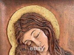 Peruvian Carved Wood Panel of Virgin Mary & Baby Jesus By Ramirez Montalvo