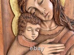 Peruvian Carved Wood Panel of Virgin Mary & Baby Jesus By Ramirez Montalvo