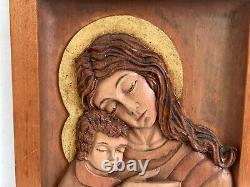 Peruvian Carved Wood Panel of Virgin Mary & Baby Jesus By Ramirez Montalvo