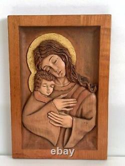 Peruvian Carved Wood Panel of Virgin Mary & Baby Jesus By Ramirez Montalvo