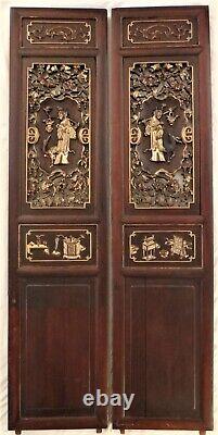 Pr. Antique Chinese Carved Hardwood Panels withFemale & 24k Trim. 50 tall