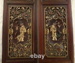 Pr. Antique Chinese Carved Hardwood Panels withFemale & 24k Trim. 50 tall