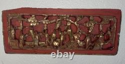 Qing Chinese Hand Carved Red Gold-Gilded High Relief Wood Temple Panel 15.75