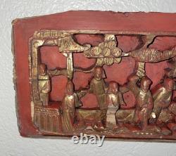 Qing Chinese Hand Carved Red Gold-Gilded High Relief Wood Temple Panel 15.75