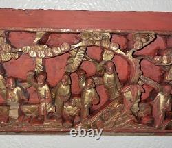 Qing Chinese Hand Carved Red Gold-Gilded High Relief Wood Temple Panel 15.75