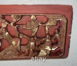 Qing Chinese Hand Carved Red Gold-Gilded High Relief Wood Temple Panel 15.75