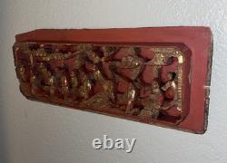 Qing Chinese Hand Carved Red Gold-Gilded High Relief Wood Temple Panel 15.75