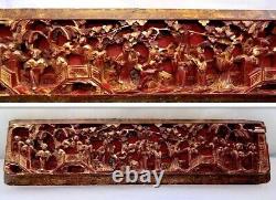 Qing Chinese Hand Carved Red Gold-Gilt High Relief Heavy Wood Pictorial Panel #2