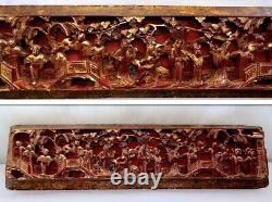 Qing Chinese Hand Carved Red Gold-Gilt High Relief Heavy Wood Pictorial Panel #2