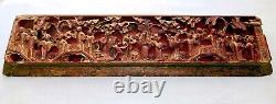 Qing Chinese Hand Carved Red Gold-Gilt High Relief Heavy Wood Pictorial Panel #2