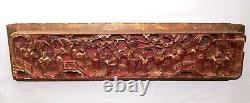 Qing Chinese Hand Carved Red Gold-Gilt High Relief Heavy Wood Pictorial Panel #2