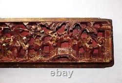 Qing Chinese Hand Carved Red Gold-Gilt High Relief Heavy Wood Pictorial Panel #2