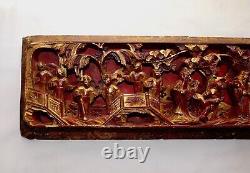 Qing Chinese Hand Carved Red Gold-Gilt High Relief Heavy Wood Pictorial Panel #2