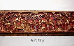 Qing Chinese Hand Carved Red Gold-Gilt High Relief Heavy Wood Pictorial Panel #2