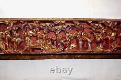 Qing Chinese Hand Carved Red Gold-Gilt High Relief Heavy Wood Pictorial Panel #2