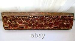 Qing Chinese Hand Carved Red Gold-Gilt High Relief Heavy Wood Pictorial Panel #2