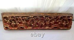 Qing Chinese Hand Carved Red Gold-Gilt High Relief Heavy Wood Pictorial Panel #2