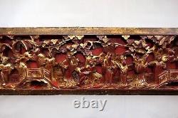 Qing Chinese Hand Carved Red Gold-Gilt High Relief Heavy Wood Pictorial Panel #2