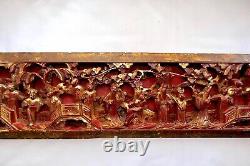 Qing Chinese Hand Carved Red Gold-Gilt High Relief Heavy Wood Pictorial Panel #2