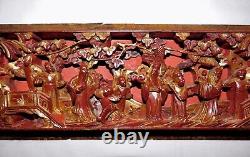 Qing Chinese Hand Carved Red Gold-Gilt High Relief Heavy Wood Pictorial Panel #2