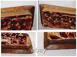 Qing Chinese Hand Carved Red Gold-Gilt High Relief Heavy Wood Pictorial Panel #2