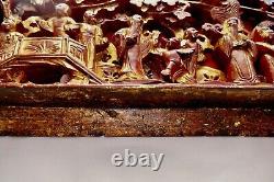 Qing Chinese Hand Carved Red Gold-Gilt High Relief Heavy Wood Pictorial Panel #2