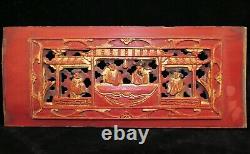 Qing Chinese Hand Carved Red Gold-Gilt High Relief Wood Scenic Panel or Fragment
