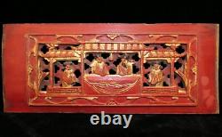 Qing Chinese Hand Carved Red Gold-Gilt High Relief Wood Scenic Panel or Fragment