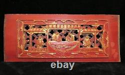 Qing Chinese Hand Carved Red Gold-Gilt High Relief Wood Scenic Panel or Fragment