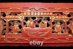 Qing Chinese Hand Carved Red Gold-Gilt High Relief Wood Scenic Panel or Fragment
