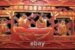 Qing Chinese Hand Carved Red Gold-Gilt High Relief Wood Scenic Panel or Fragment