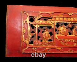 Qing Chinese Hand Carved Red Gold-Gilt High Relief Wood Scenic Panel or Fragment