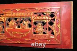 Qing Chinese Hand Carved Red Gold-Gilt High Relief Wood Scenic Panel or Fragment