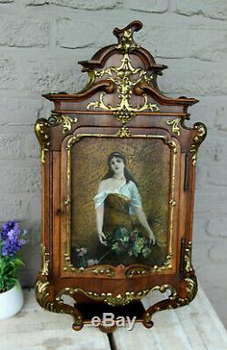 RARE Antique French wood carved oil panel painting Wall apothecary cabinet 19thc