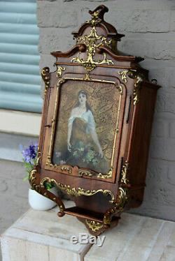 RARE Antique French wood carved oil panel painting Wall apothecary cabinet 19thc