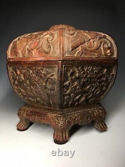 RARE Chinese Ming Carved Cinnabar Lacquer Wood Paneled Lidded Eight Treasure Box
