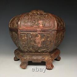 RARE Chinese Ming Carved Cinnabar Lacquer Wood Paneled Lidded Eight Treasure Box