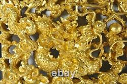 RARE Old Chinese Carved Gilt Gold Gilded Dragon Playing Pearl 3D Wood Panel