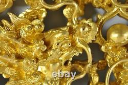 RARE Old Chinese Carved Gilt Gold Gilded Dragon Playing Pearl 3D Wood Panel