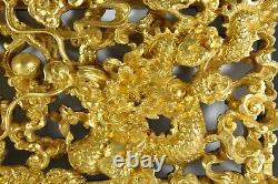 RARE Old Chinese Carved Gilt Gold Gilded Dragon Playing Pearl 3D Wood Panel