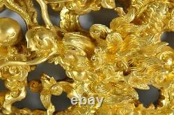 RARE Old Chinese Carved Gilt Gold Gilded Dragon Playing Pearl 3D Wood Panel