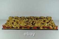 RARE Old Chinese Carved Gilt Gold Gilded Dragon Playing Pearl 3D Wood Panel