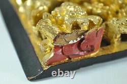 RARE Old Chinese Carved Gilt Gold Gilded Dragon Playing Pearl 3D Wood Panel