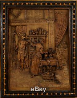 Rare Antique Renaissans German Carved Wooden Panel Painting Der Liebesdinst