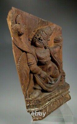 Rare India Hindu Carved Wood Panel of Vahana Battling a Cobra ca. 17-18th c