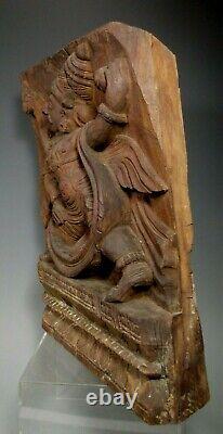 Rare India Hindu Carved Wood Panel of Vahana Battling a Cobra ca. 17-18th c